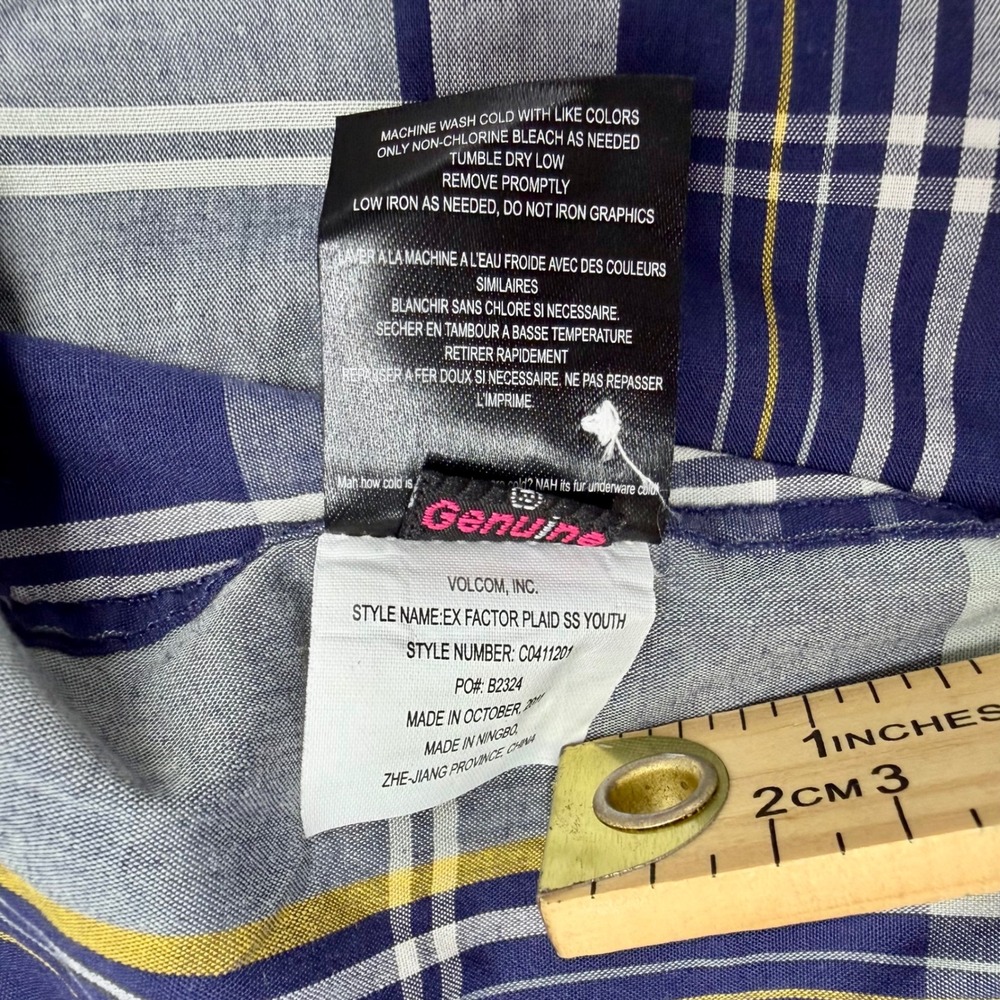 Volcom Ex Factor Plaid SS Youth Shirt Blue Grey Yellow Button Down Boys XL NEW - Picture 4 of 6